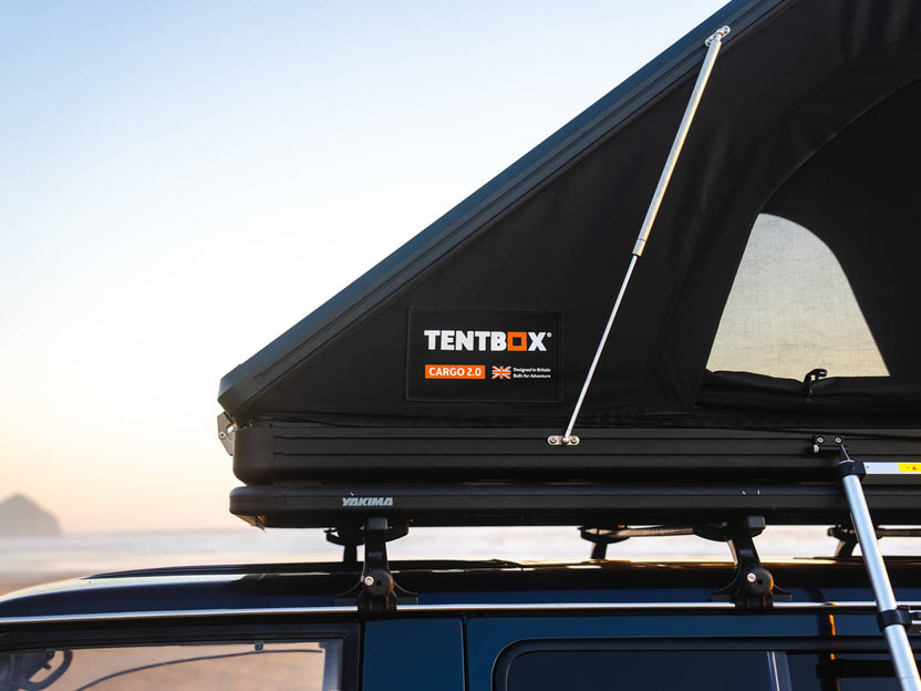 TentBox Cargo 2.0 in Midnight Grey installed on a Yakima roof rack system