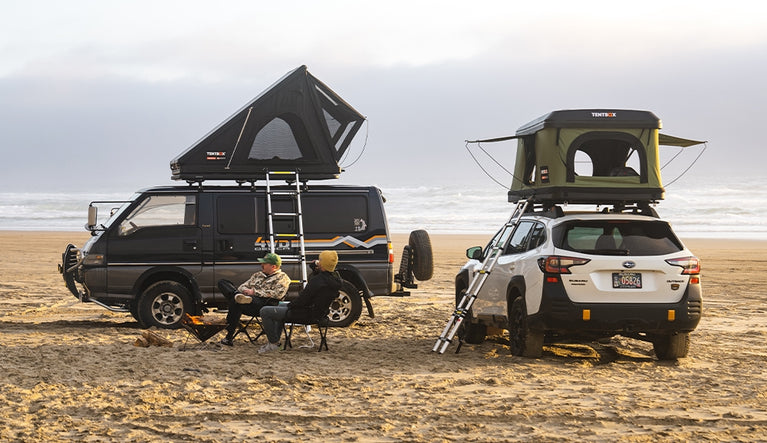 Rooftop tent camp at an Oregon beach with the TentBox Cargo 2.0 and TentBox Classic 2.0