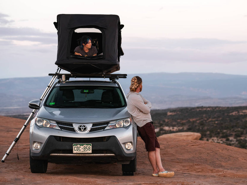 Enjoying the desert views with the TentBox GO rooftop tent installed on a Toyota Rav4