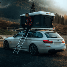 TentBox Classic roof tent in White colorway installed on BMW car in USA